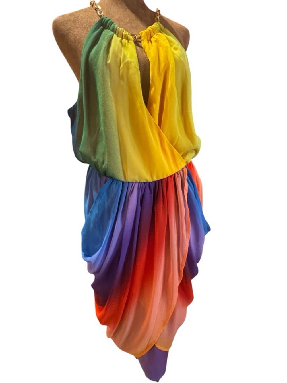 Vibrant Rainbow Halter Dress with Draped Skirt Medium - Picture 2 of 15
